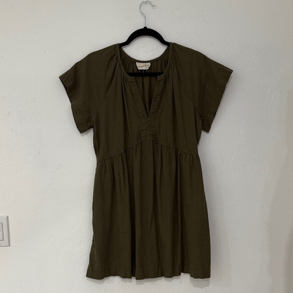Universal Thread Olive Green Linen Blend Babydoll Dress V-Neck Pockets Size M - Picture 2 of 8